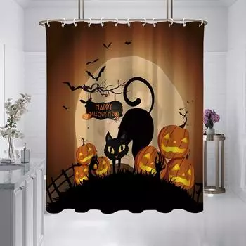 1 шт. 180x180 см занавеска для душа с изображением оранжевого, черного кота и тыквы на Хэллоуин, водонепроницаемая и устойчивая к плесени 180x180cm