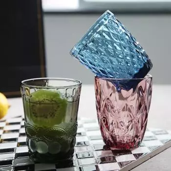 1 шт. 240 мл 8 унций винтажный рельефный цветной боковой стакан для виски и воды стеклянная чашка тяжелый толстый стеклянный стакан 201-300ml