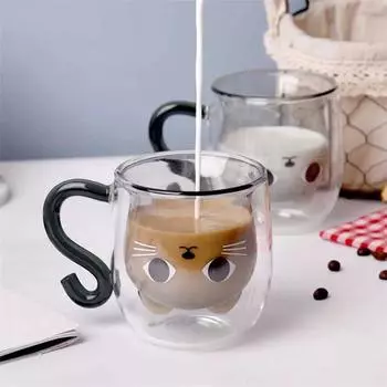 1 шт. 250 мл симпатичная двухстенная кружка для кофе с ручкой в виде кота Kawaii Cat Presents стеклянная кружка чашка для чая милые подарки на день рождения для любителей кошек 201-300ml