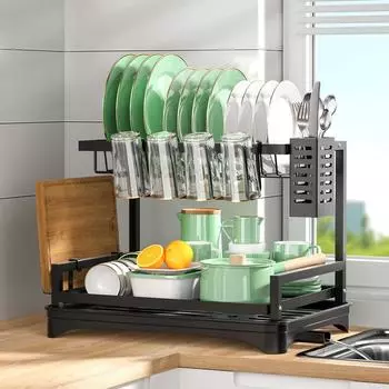1 шт., 2 яруса, сушилка для посуды, подставка для столовых приборов с поддоном для слива и линией для сбора капель, кухонная столешница для хранения, кухонные принадлежности 2-tier