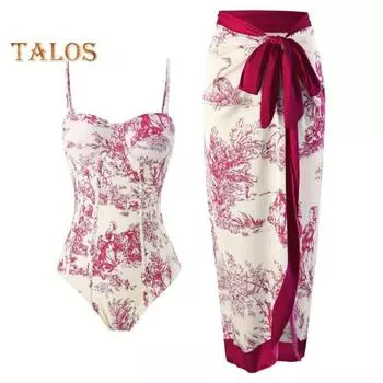 1 шт./2 шт., женское монокини с принтом, юбка на шнуровке, бандо, цельный горячий весенний купальник, пляжная накидка, пляжная одежда с контролем живота S чёрный