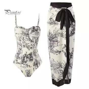 1 шт./2 шт., женское монокини с принтом, юбка на шнуровке, бандо, цельный горячий весенний купальник, пляжная накидка, пляжная одежда с контролем живота S чёрный