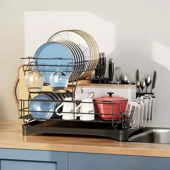 1 шт., 2-уровневая кухонная полка, подставка для посуды, органайзер для тарелок, сушилка для тарелок, палочки для еды и чашки, держатель для красного вина, подставка для ножей чёрный