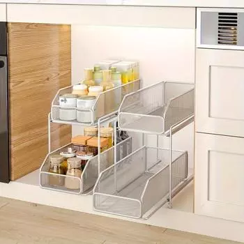 1 шт., 2-уровневая полка для хранения под раковиной, кухонная многоуровневая выдвижная полка для хранения, многоуровневая многофункциональная полка для хранения в шкафу чёрный