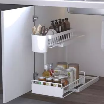 1 шт., 2-уровневая выдвижная полка для кухни под раковиной, выдвижная многоуровневая полка в шкафу, двойная полка для специй, органайзер для специй белый