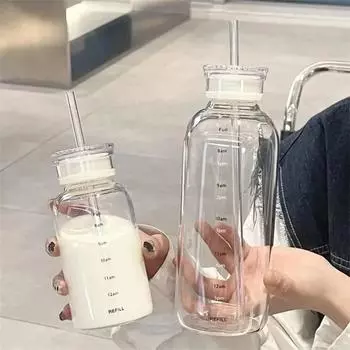 1 шт. 300 м 480 мл 700 мл многоразовая стеклянная бутылка для воды со шкалой времени и трубочкой без BPA двойная крышка только для мытья вручную переработанный материал 700ml белый