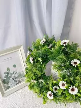1 шт., 30 см, венок из искусственных зеленых листьев, искусственные миланские зерна, цветы, ромашки, венки с белым цветком для дома, окна, стены, свадьбы, декора гостиной