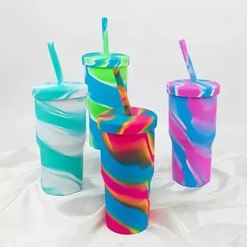 1 шт. 32 унции цветная силиконовая кружка с трубочкой и крышкой, ударопрочная и портативная чашка для воды для улицы и офиса, стакан с трубочкой 950ml