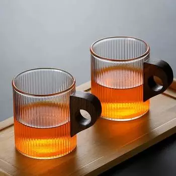 1 шт. 330 мл стеклянная кофейная кружка в японском стиле с деревянной ручкой, вертикальные полосы, чашка для чая и молока, домашний офис, посуда для напитков, подарок 330ml чистый