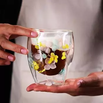 1 шт. 350 мл Двойная стеклянная чашка с искусственными цветами, кофейная чашка, молочная кружка, термостойкие чайные чашки, стеклянная кружка, кухонная утварь 350ml розовый