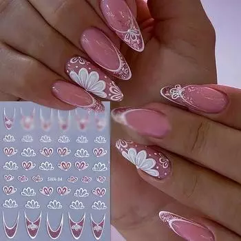 1 шт. 3D блестящие лепестки наклейки для ногтей серебристо-розовые весенне-летние цветочные французские линии слайдеры для гель-лака украшения ногтей D
