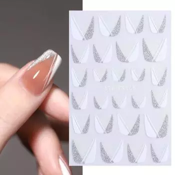 1 шт. 3D блестящие наклейки для французского маникюра, серебряный порошок, белый гипотенуза, края, наклейки для дизайна ногтей, маникюрный декор STZ-CS068
