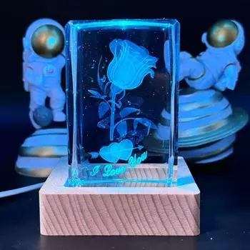1 шт., 3D лазерная резная хрустальная роза-ночник, с цветным держателем для лампы из светлого дерева, украшение для дома, подходит для моли ярко-розовый