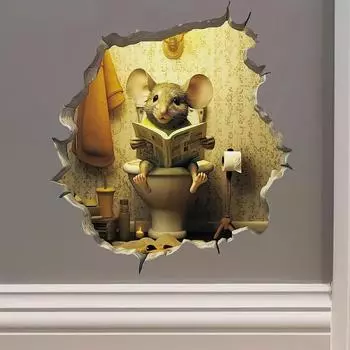 1 шт. 3D-наклейка на стену в виде мышиной норы, самоклеящаяся наклейка на стену с рисунком «Мышь сидит на унитазе и читает» 1pc