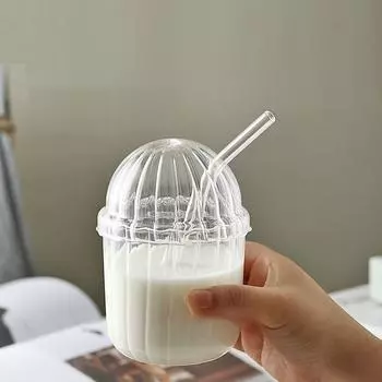 1 шт. 400 мл термостойкая прозрачная стеклянная чашка Nordic Ripple Bobo для чая с молоком, кофе, воды, со стеклянной куполообразной крышкой и стеклянной трубочкой 301-400ml чистый