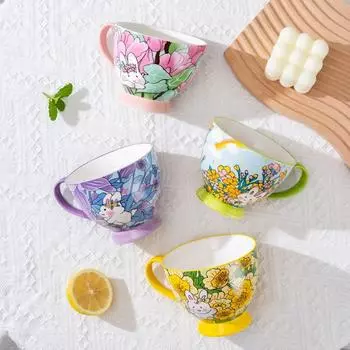 1 шт. 450 мл чашка с рисунком кролика, термостойкая керамика с ложкой, домашний товар, чашка для послеобеденного чая и кофе, подарок на День матери 450ml кофейный