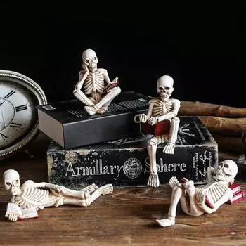 1 шт/4 шт Хэллоуин Череп Фигурка смоляная книга для чтения Скелет Статуэтка Готический Хэллоуин A