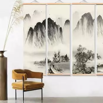 1 шт./4 шт., картина в китайском стиле, тушь, живопись, альпийский холст, декоративные картины из цельного дерева, прокрутки 1pc