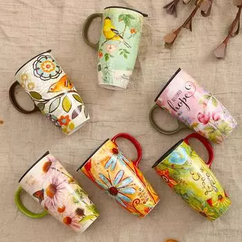 1 шт. 500 мл керамическая кружка с крышкой креативный цветочный принт красивые кофейные кружки для чая молока, большой емкости для домашнего офиса чашка для воды A