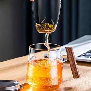 1 шт., 540 мл/18,2 унций, деревянная чашка для чая с крышкой-фильтром, утолщенная стеклянная чашка для разделения влаги, личная и офисная чашка для питья 540ml/18.2oz