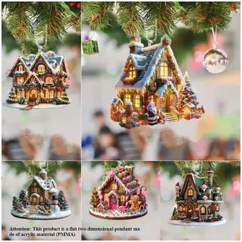1 шт/5 шт новый акриловый плоский 2D рождественский домик цветочный рождественская елка подвеска украшение для дома подвеска для зеркала заднего вида автомобиля брелок подвеска