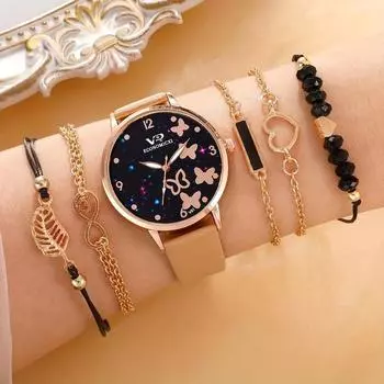 1 шт. 5 шт. Стильные круглые кварцевые часы с подходящим браслетом для женщин - Элегантные ювелирные часы с указателем Miss