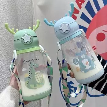 1 шт., 600 мл, чашка для воды с рогами, портативная детская креативная мультяшная с соломой, герметичная бутылка для воды, уличная школьная посуда для питья для детей 501-600ml