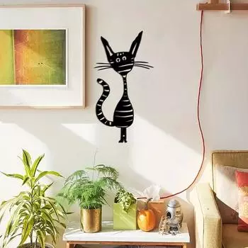 1 шт. Абстрактное мультяшное украшение из металла с изображением кошки – Веселое настенное искусство с черной кошкой, стильный декор на новоселье, уникальный акцент на металлической стене чёрный