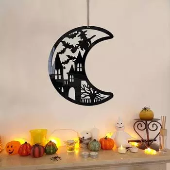 1 шт., акриловый кулон в виде замка летучей мыши на Хэллоуин из дерева, праздничное украшение, настенный кулон, подарок на Хэллоуин, товары для украшения вечеринки на Хэллоуин Pack of 1