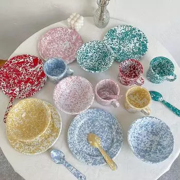 1 шт. эмалированная тарелка для обеда, молочная чашка, ретро-брызги чернил, домашняя посуда и тарелка, креативная гостиная, настольная тарелка для фруктового салата, столовая посуда