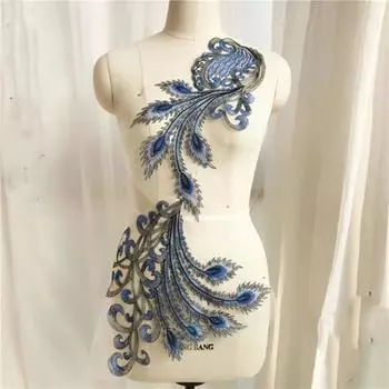 1 шт. аппликация синий павлин вышитое кружево свадебное платье задняя часть сделай сам цветок кружево аппликация ткани материал скрапбукинг