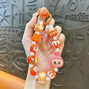 1 шт. Аксессуары для рюкзака Подвеска для телефона Labubu Аниме Бисероплетение Цепочка для телефона Брелок Украшение для камеры Подарок оранжевый