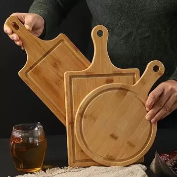 1 шт. бамбуковая тарелка для пиццы с деревянной ручкой и длинной ручкой, столовые приборы для пиццы, стейка, фруктов, хлеба, бамбуковая тарелка для домашней кухни