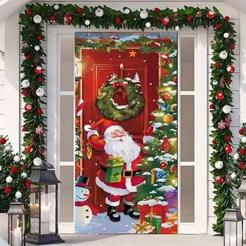 1 шт. Баннер-накидка на дверь «Счастливого Рождества» из полиэстера с рисунком снеговика и елки для рождественского сочельника, новогодней праздничной вечеринки, декора для входной двери, дома, стены 90*180cm