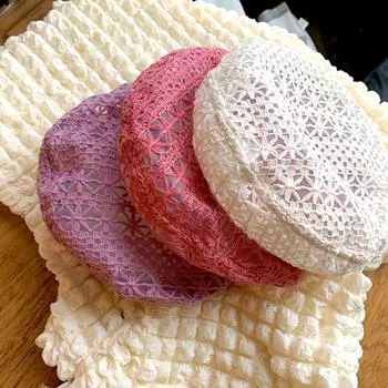 1 шт. берет, шапка-берет, мешковатый головной убор, шапка-бини, шляпа художника, французский стиль, ретро, романтическое вязание крючком, дышащая кружевная сетка, разноцветная фиолетовый