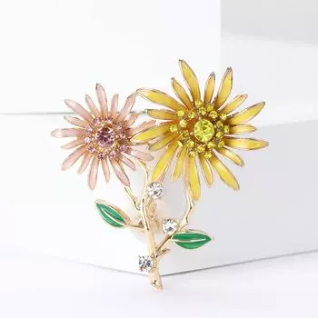 1 шт. Блестящая двухголовая брошь в виде подсолнуха для женственных нейтральных растительных булавок, доступных для повседневных аксессуаров для вечеринок, подарков