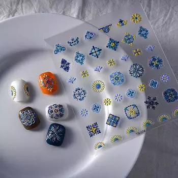 1 шт. Богема Наклейки для ногтей 5D Богема Наклейка для ногтей Декаль Абстрактный дизайн Ретро Синий Желтый Цветок Самоклеящиеся принадлежности для ногтей TS-074