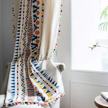 1 шт. Бохо геометрический принт хлопковые льняные шторы панель с красочным помпоном гостиная спальня 150*180cm