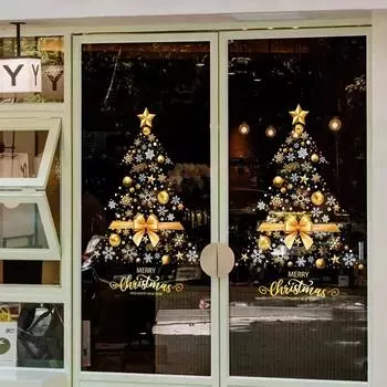 1 шт. Большие золотые наклейки на окна в виде рождественской елки для стекла, рождественские наклейки для украшения дома, праздничное рождественское украшение 1Pcs