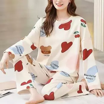 1 шт., большой размер, свободная, удобная, женская, простая, с рисунком, пижама с длинным рукавом и брюками, комплект домашней одежды M жёлтый/красный