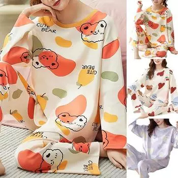 1 шт., большой размер, свободная, удобная, женская, простая, с рисунком, пижама с длинным рукавом и брюками, комплект домашней одежды L фиолетовый