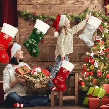 1 шт. большой рождественский носок с рождественской вышивкой и золотой снежинкой с принтом рождественской елки, подвесной кулон, сумка для конфет, 2024, новогодний рождественский орнамент серый