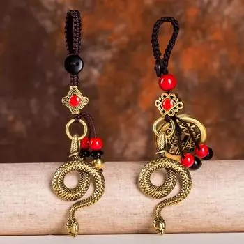 1 шт., брелок для ключей «Богатство» для женщин и мужчин, латунный шарм, китайские аксессуары со знаком зодиака, подарочная сумка в форме змеи, кулон, ювелирный брелок на удачу в 2025 году