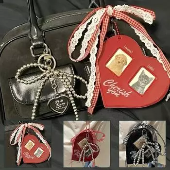 1 шт. Брелок для ключей, наклейка для будуара, сердечко для любви, 2 дюйма, кулон для карт, красный клетчатый набор для хранения, держатель для карт с бантом для фото пары