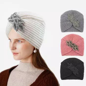 1 шт. бриллианты ювелирные изделия мода тюрбан богемный шарф вязаная шапка шапка с бусинами зимняя шапка