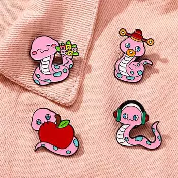1 шт. брошь в виде змеи из мультфильма, милый значок, свежая булавка из сплава, розовая