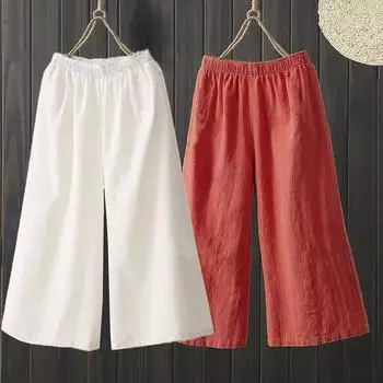 1 шт. брюки с высокой талией, прямые брюки, хлопковые льняные брюки, широкие брюки, тонкие женские свободные летние брюки M красный