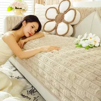 1 шт., чехол для дивана из бархата с изображением кролика, толстая плюшевая подушка для дома, осенне-зимний необходимый нескользящий кожаный коврик для сиденья, полотенце 1seater 70x70CM бежевый