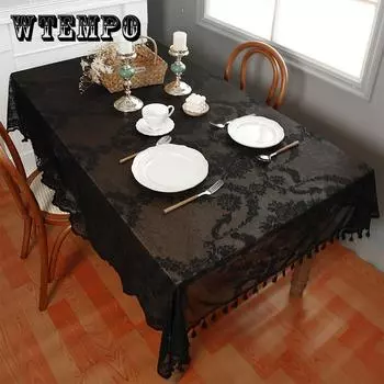 1 шт. Черная кружевная вышитая скатерть с кисточками, винтажная цветочная ретро-стиль, устойчивая к пятнам, моющаяся, деревенская скатерть, подходит для пикника, кемпинга 100cm*140cm чёрный