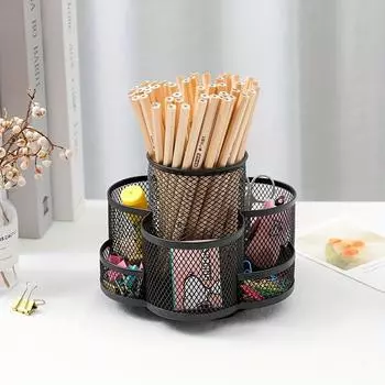 1 шт. Черный металлический сетчатый держатель для ручек, вращающийся на 360° настольный органайзер с 7 отделениями, настольные аксессуары и органайзер для офисных принадлежностей чёрный